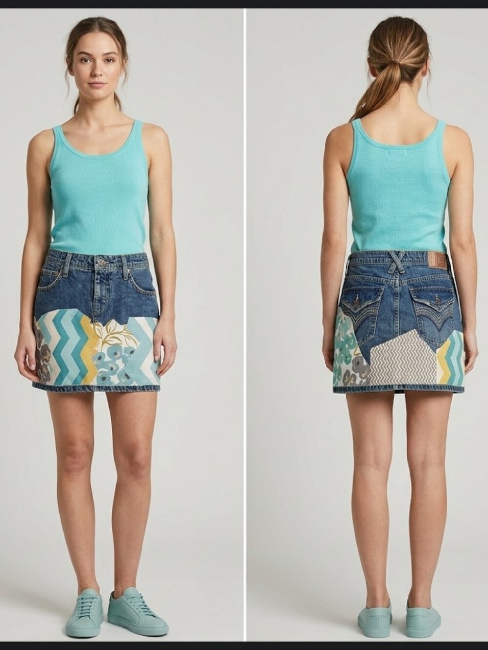 Upcycled denim mini skirt sz 5 botanical upholstery Lei